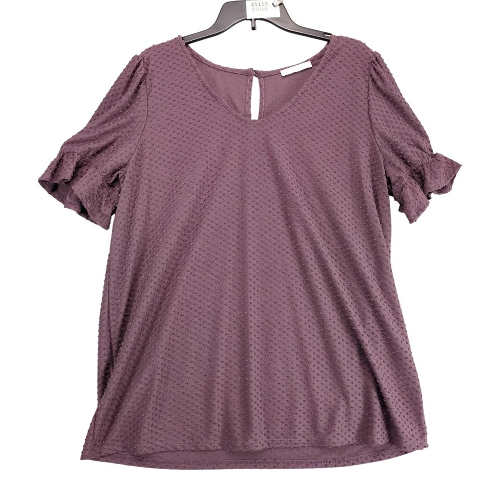 Reborn J Lovers Swiss Dot Blouse Top Plus Size 1XL Purple Ruffle Short Slv‎ USA